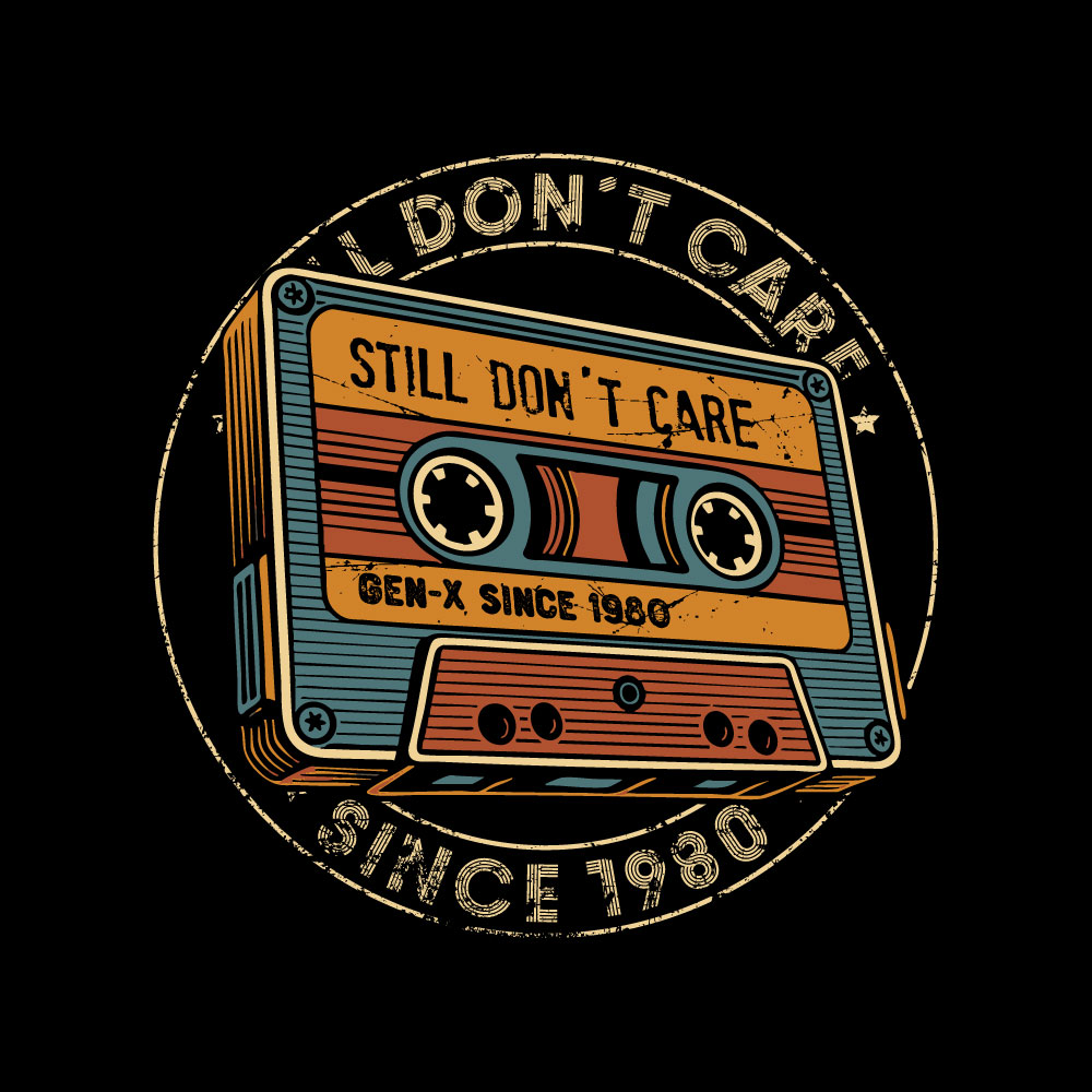 Vintage Gen X 1980 Motiv „Still Don't Care Seal“ mit Retro-Kassette und konzentrischem Kreisdesign