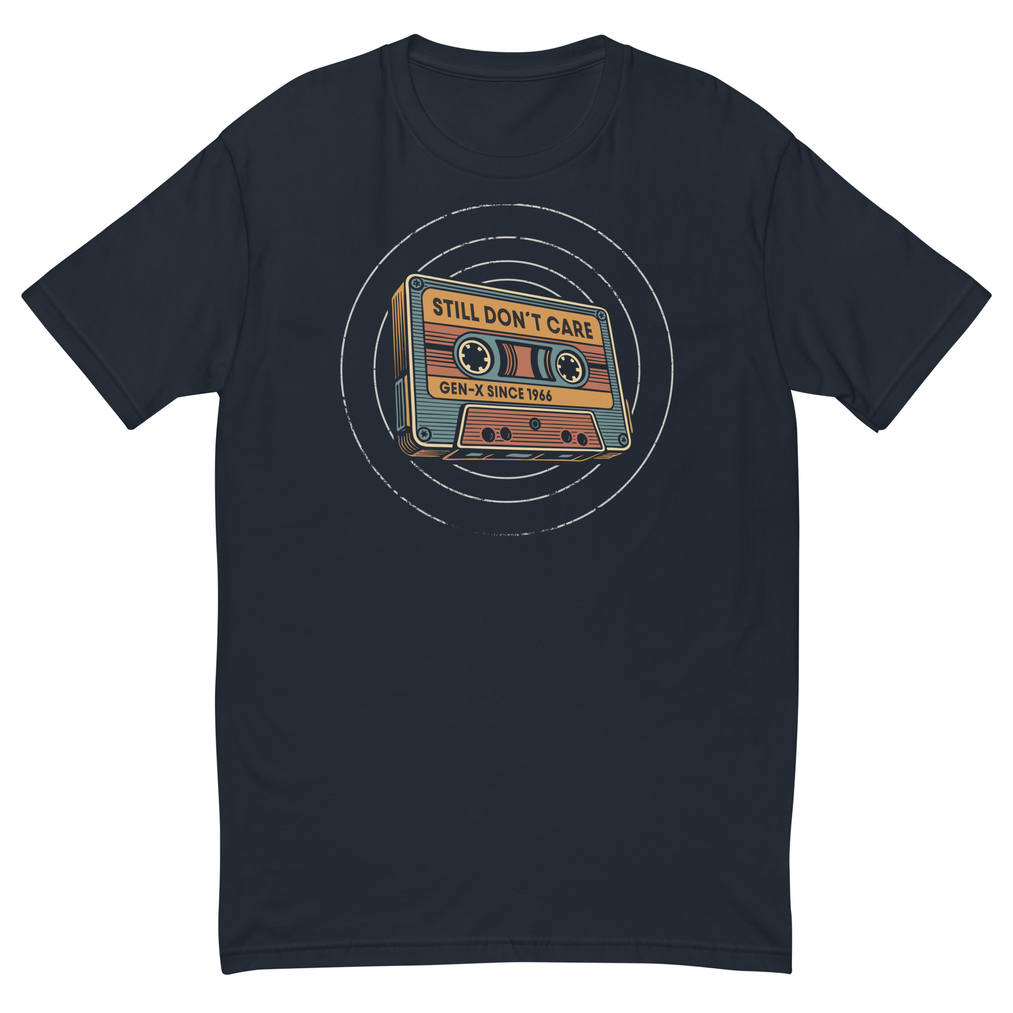 Midnight Navy Gen X T-Shirt 1966 „Still Don't Care“ mit Retro-Kassette – Vorderansicht