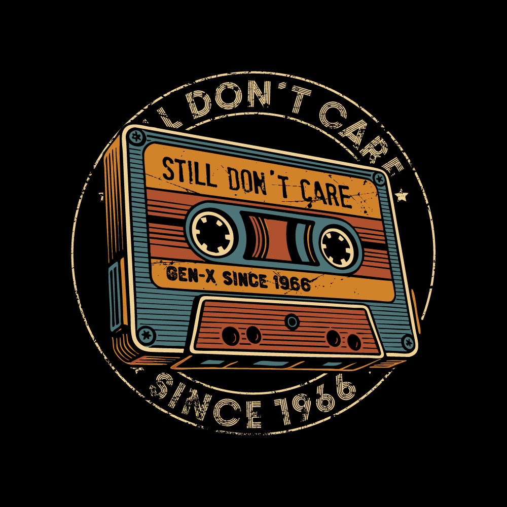 Vintage Gen X 1966 Motiv „Still Don't Care Seal“ mit Retro-Kassette und konzentrischem Kreisdesign