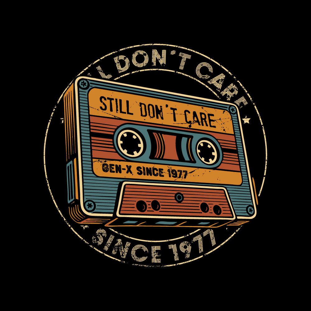 Vintage Gen X 1977 Motiv „Still Don't Care Seal“ mit Retro-Kassette und konzentrischem Kreisdesign