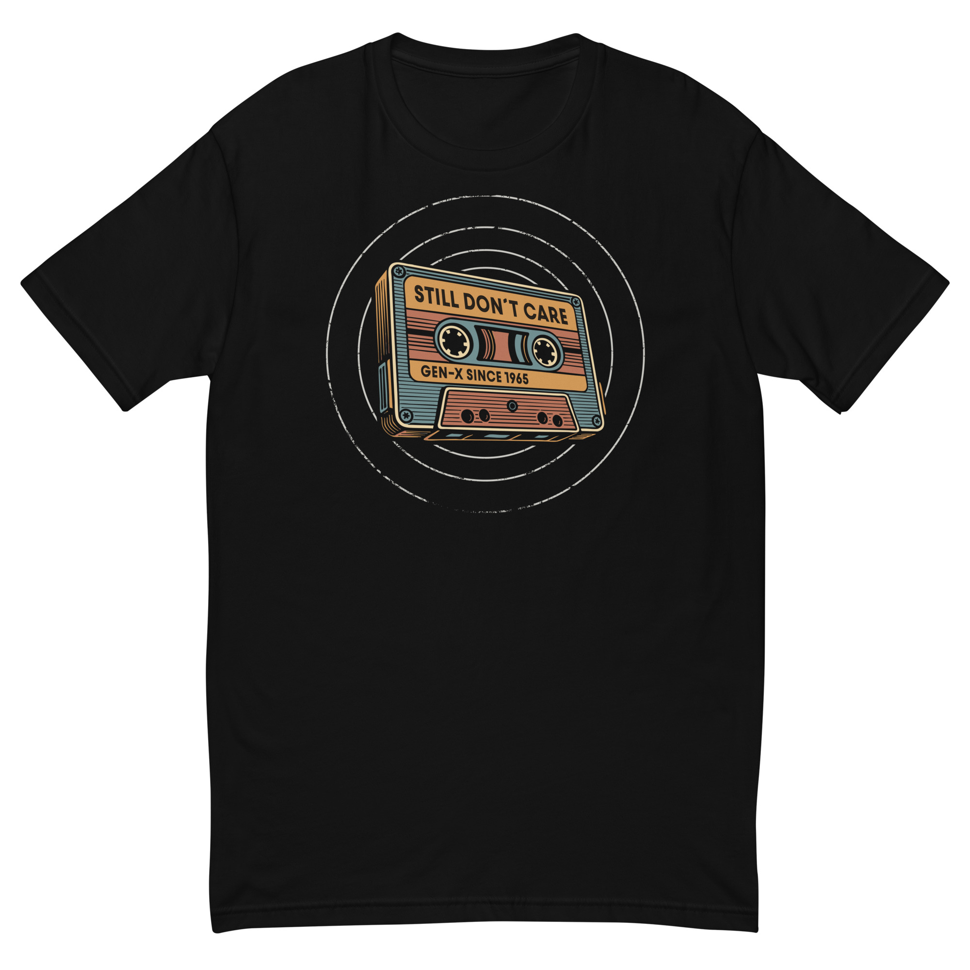Schwarzes Gen X T-Shirt 1965 „Still Don't Care“ mit Retro-Kassette – Vorderansicht