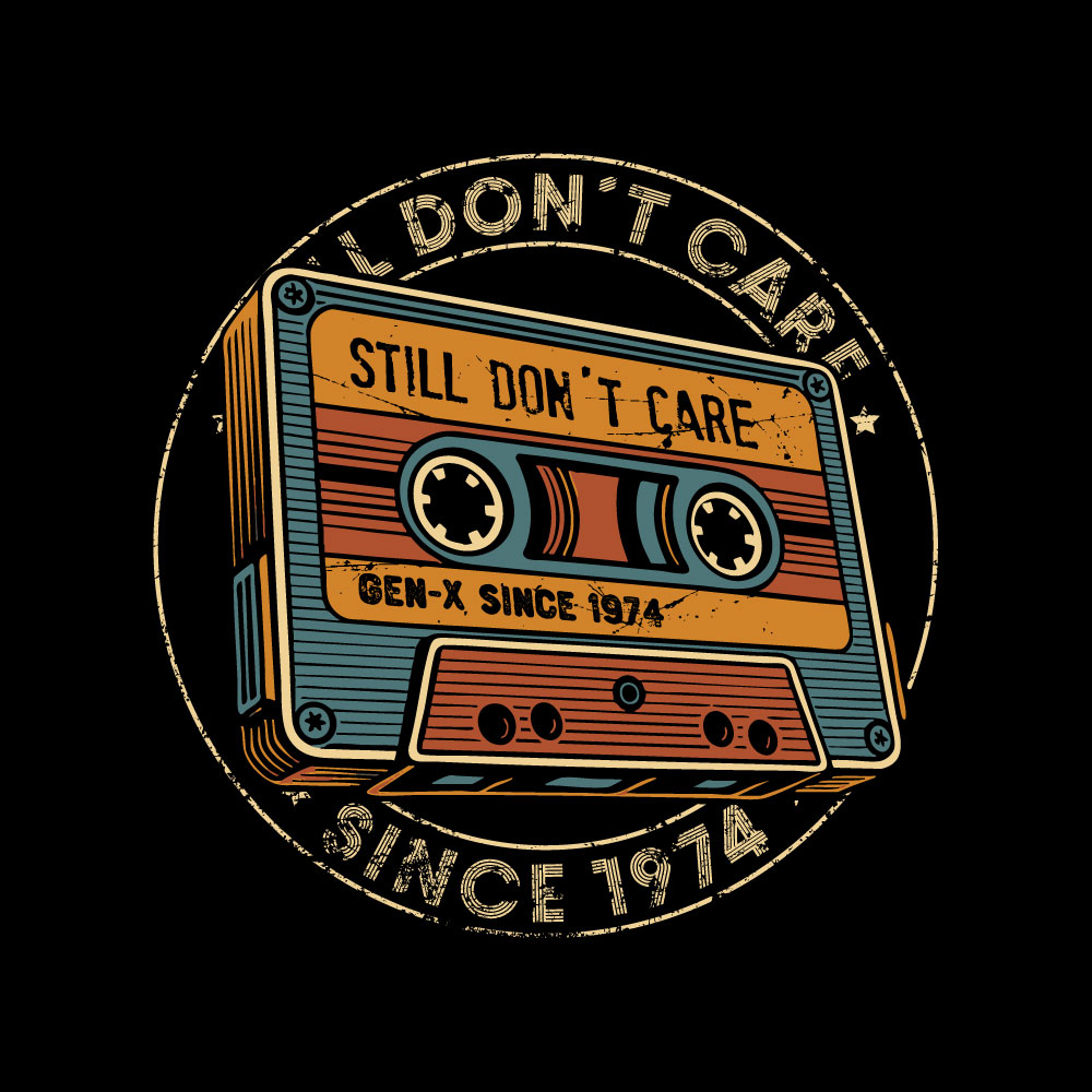 Vintage Gen X 1974 Motiv „Still Don't Care Seal“ mit Retro-Kassette und konzentrischem Kreisdesign