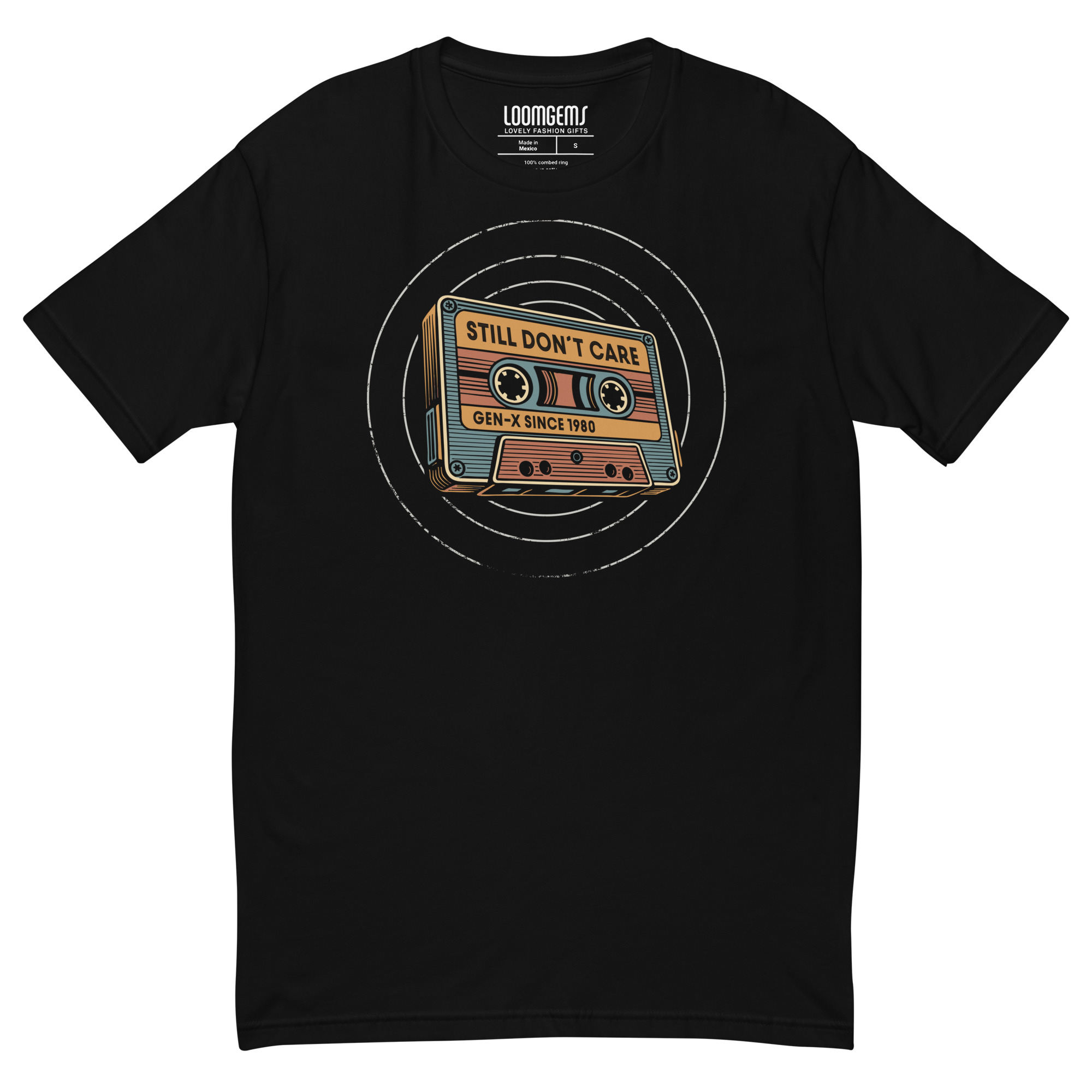 Schwarzes Gen X T-Shirt 1980 „Still Don't Care“ mit Retro-Kassette – Vorderansicht