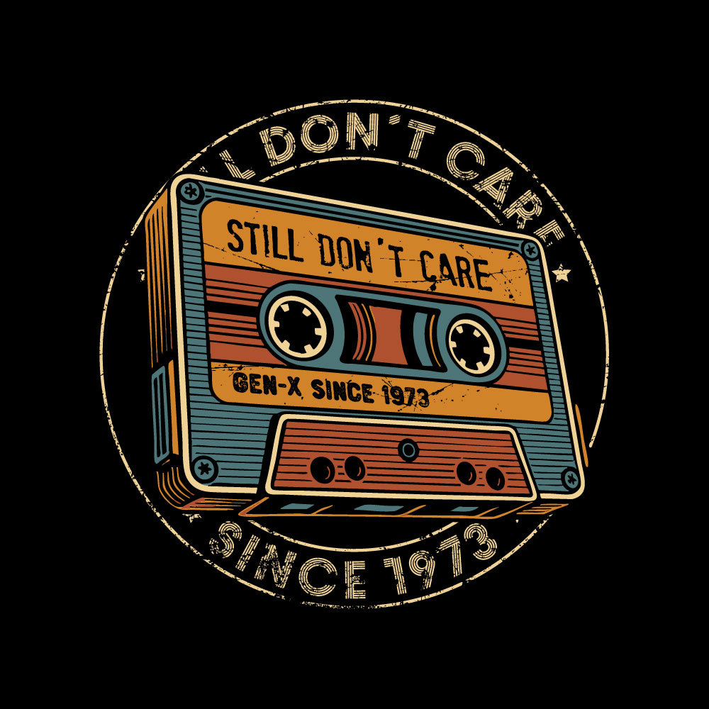 Vintage Gen X 1973 Motiv „Still Don't Care Seal“ mit Retro-Kassette und konzentrischem Kreisdesign