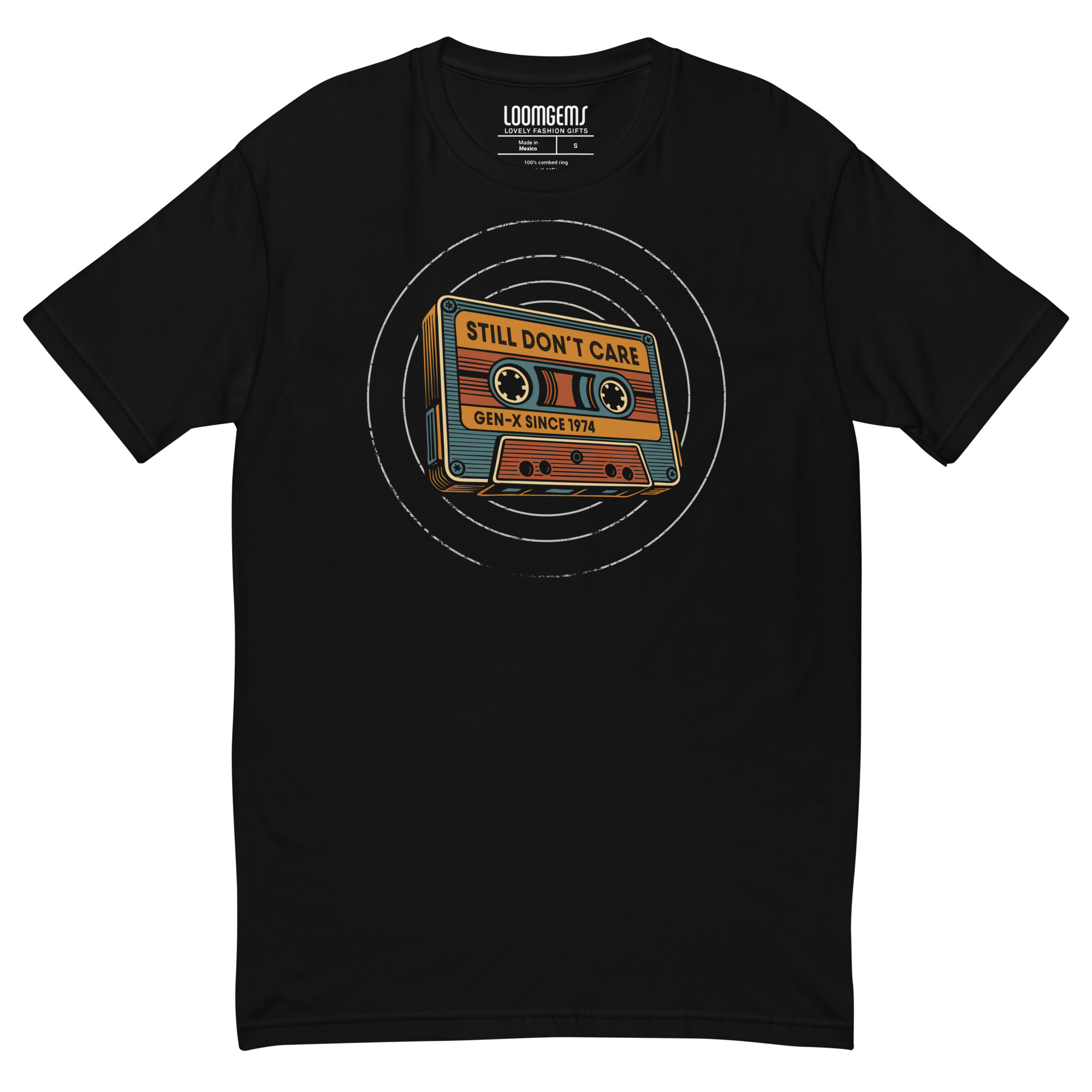 Schwarzes Gen X T-Shirt 1974 „Still Don't Care“ mit Retro-Kassette – Vorderansicht
