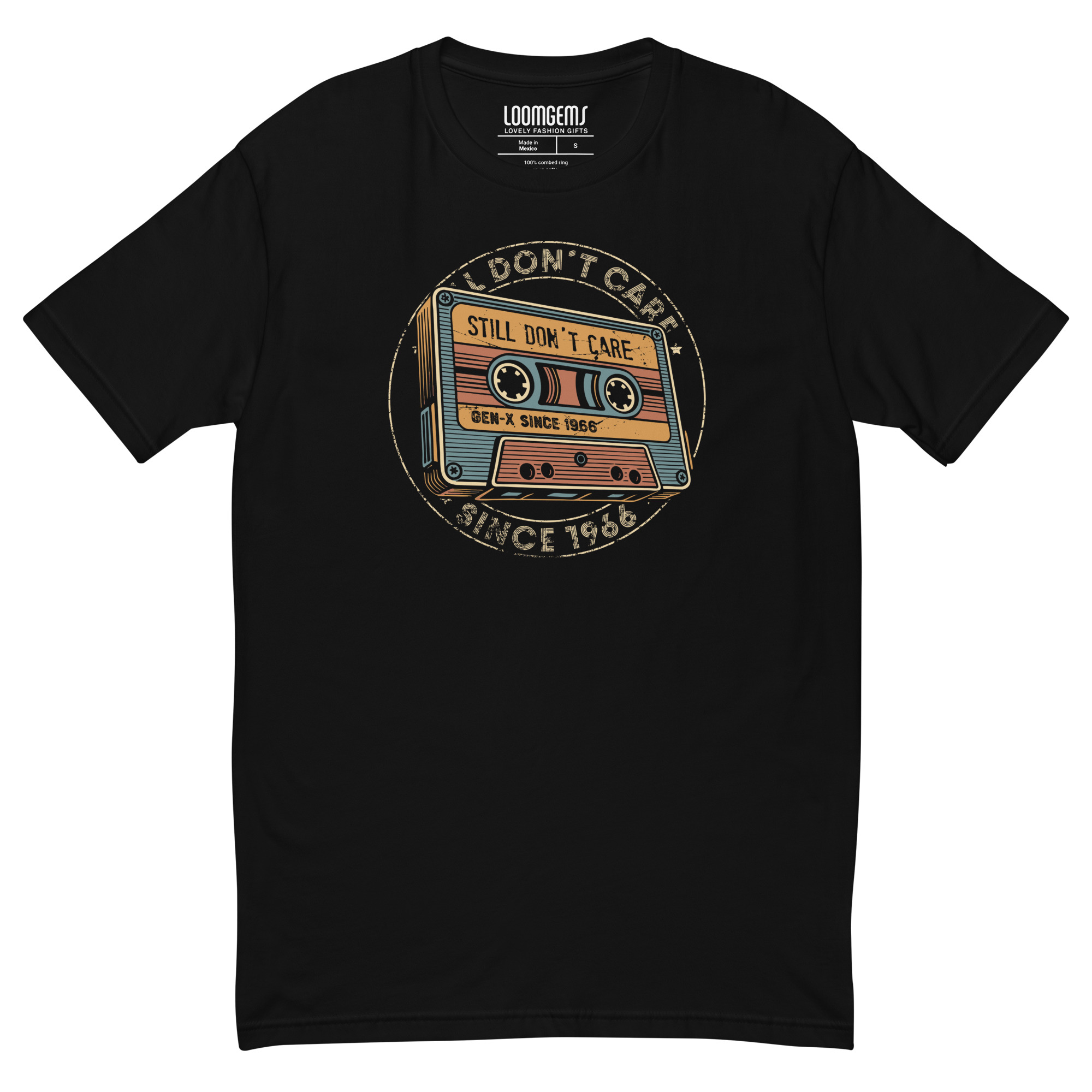 Gen X T-Shirt 1966 in Schwarz mit Vintage-Retro-Kassette „Still Don't Care Seal“ und Kreisdesign – Vorderansicht