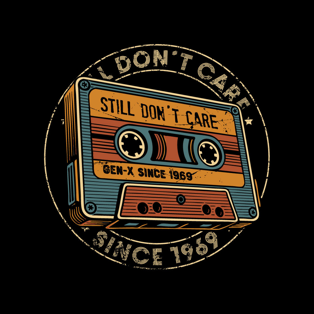 Vintage Gen X 1969 Motiv „Still Don't Care Seal“ mit Retro-Kassette und konzentrischem Kreisdesign